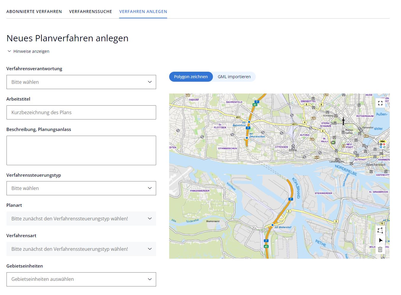 Abbildung 2: Anlegen eines neuen Planverfahrens